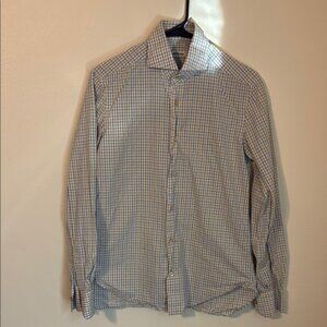 Kiton Men’s Dress Shirt Size 15/38 Blue and Yellow Checkered Shirt